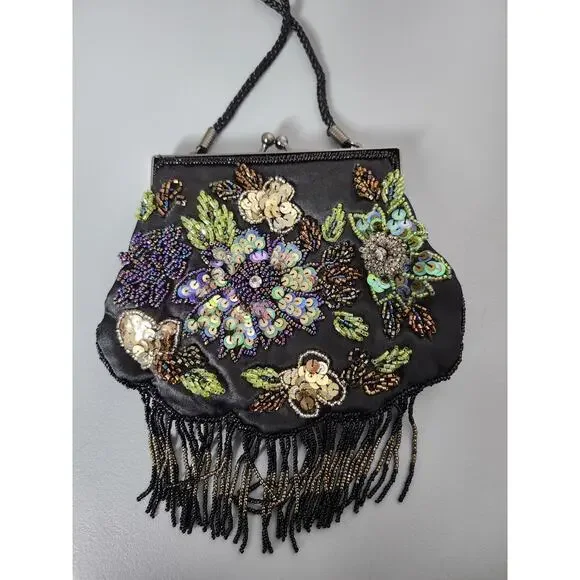 Black Sequin Bead Embellished Evening Bag Crossbody Purse Kiss Clasp 1 Pocket - Picture 2 of 6